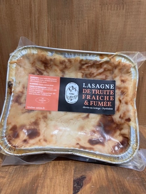 Lasagnes de truite fraiche et fumée barquette env 380gr 25€/kg